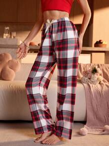 SHEIN Pantalones de pijama rectos con lazo en la cintura y estampado a cuadros para mujer, otoño