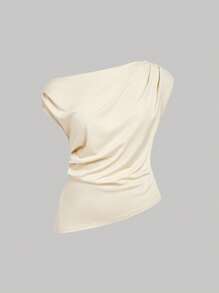 SHEIN MOD Plus Size Mustard Yellow One Shoulder Top Casual Knitted Asymmetrical Neck Short Sleeve Summer Top For Curvy Women - Mustard Yellow - View 1