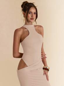 SHEIN BAE 纯色杏色无袖镂空不对称紧身连体裤，优雅长裙，适合度假、海滩、婚礼宾客 - 卡其色 - 查看 7
