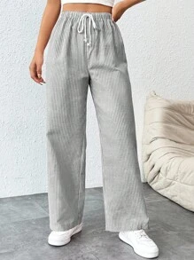 SHEIN PETITE Women's Tie Waist Pinstripe Straight Leg Pants - Khaki - View 3