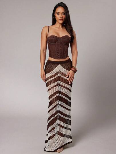 Silquee 女士夏季度假撞色钩针人字形镂空派对裙，女士度假装，秋冬女士沙滩装