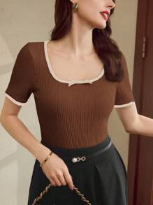 Vintamour Camiseta de mujer vintage, clásica y elegante, con detalles de lazo, de manga corta, de corte ajustado y con ribetes de contraste, para primavera/verano, color albaricoque