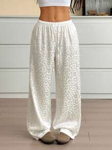 SHEIN EZwear Women's Casual Leopard Print Drawstring Waist Loose Wide Leg Pants - White - View 5