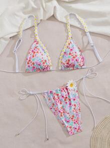 Swim Mod 热带植物小碎花比基尼套装，腰部抽绳和碎花装饰细节，性感甜美，适合春夏海滩度假 - 彩色 - 查看 6