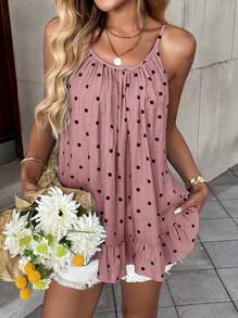 全新度假休闲时尚波尔卡圆点印花女式吊带背心 - 粉色 - 查看 3