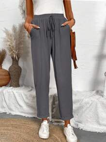 Calvaya Pantalon long décontracté unicolore pour femme avec ceinture à nouer à la taille et poches