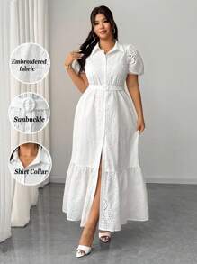 Elenzga Vestido de mujer talla grande elegante con diseño de cuello de camisa bordado en 3D, manga abullonada, y pretina acampanada. Versátil y con estilo, nueva llegada primavera/verano 2025