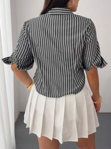 POPSWAY 全新优雅时尚休闲百搭学院风时尚条纹元素七分袖修身衬衫女式上衣 - 黑與白 - 查看 2