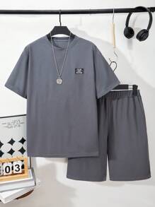 SHEIN 2件套纹理华夫格面料青少年短袖上衣和短裤套装 - 深灰色 - 查看 3
