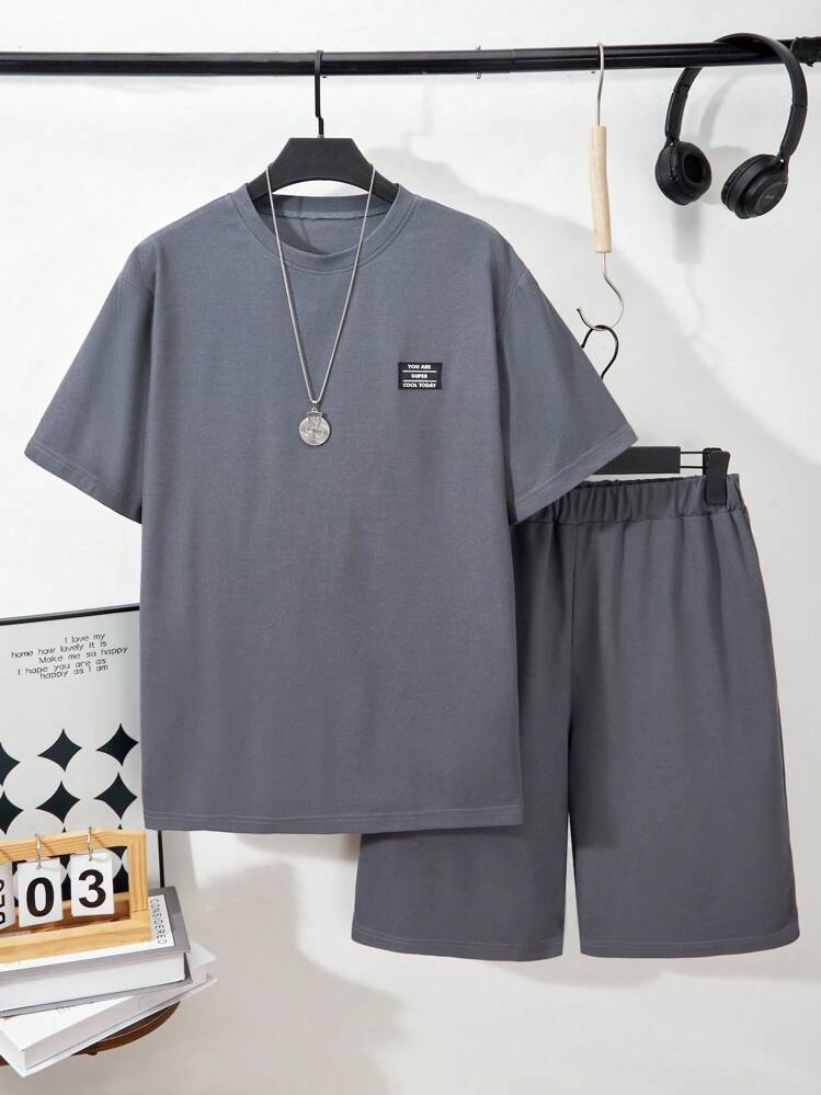 SHEIN 2件套纹理华夫格面料青少年短袖上衣和短裤套装 - 深灰色 - 查看 3