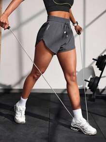 Powerista Casual Letter Printed Drawstring Waist Sports Shorts - Dark Grey - View 3