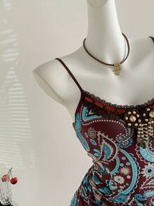 Sweetra Vintage Print Asymmetrical Hem Mini Dress - Coffee Brown - View 4