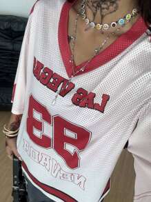 Coolane Camiseta casual holgada de estilo deportivo con cuello en V, hombros caídos y estampado de letras, para parejas, estilo urbano primavera-verano