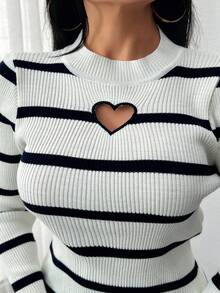 Cute Crew Neck Contrast Color Stripe Heart Shape Cut Out Front Sweater Striped Long Sleeve Top Womens Striped Top Heart Cutout Top Black And White Striped Top Ribbed Striped Top,Jumper,Cream Jumper,Jumpers,Christmas Jumper,Ladies Jumper,Women's Jumpers