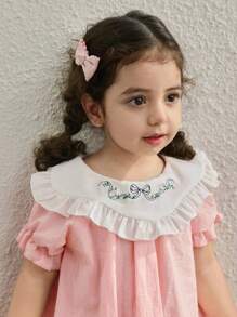 Blossori Baby Girls Country Vacation Colorblock Collar Floral Embroidered Puff Sleeve Dress - Multicolor - View 4