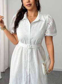 Elenzga Vestido de mujer talla grande elegante con diseño de cuello de camisa bordado en 3D, manga abullonada, y pretina acampanada. Versátil y con estilo, nueva llegada primavera/verano 2025