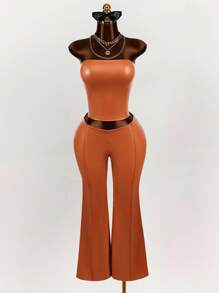 Amplova Women's Summer Solid Color PU Leather Crop Top And Flared Pants 2 Pieces Set, Fashionable