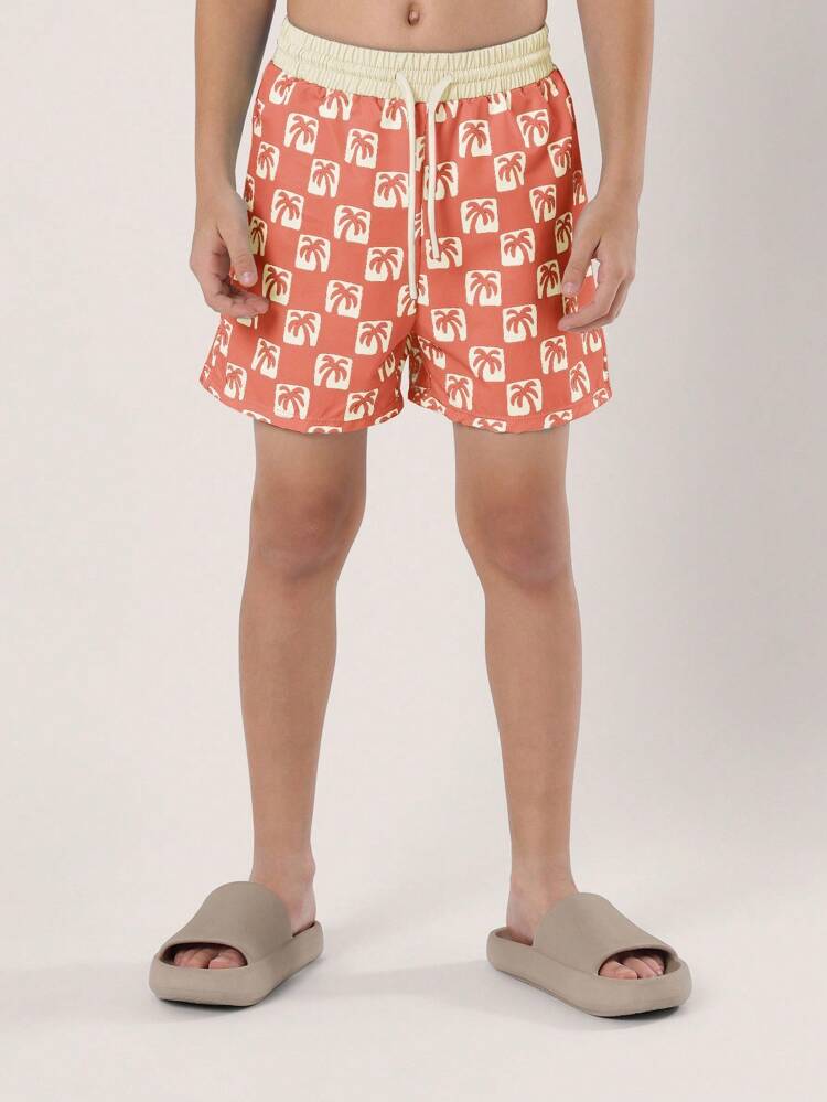Drawstring Palm Tree Pattern Beach Pool Swimwear Board Shorts