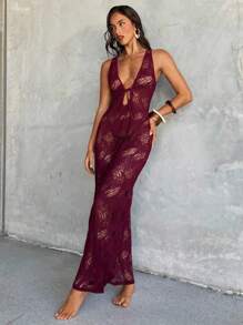 Aloruh 女式夏季新款酒红色无袖透明钩针波西米亚风连衣裙，镂空设计，修身剪裁，夏季海滩度假装 - 酒紅色 - 查看 5