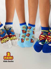 SUPERMAN X SHEIN 3 Pairs Cute Cartoon Striped Pure Cotton Boys/Children Socks, Reinforced Toe & Heel, All Season Wear, Suitable For School & Daily, Blue - Multicolor - View 2