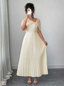 Elenzga Plus-size elegante abrikozen tailleband mesh off-shoulder geplooide jurk