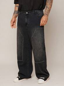 EASEVO Pantalones rectos informales de mezclilla tejida de talla grande para hombres con remaches