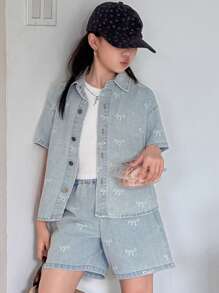 Dazy Kids 青少年女孩日常休闲牛仔装 - 淺色水洗藍 - 查看 3