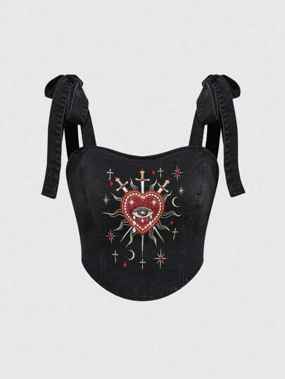 Vintage Gothic Girl Mori Style Embroidered Heart, Rhinestone, Teardrop, Star Embellished Square Neck Black Lace-Up Denim Blouse For Women