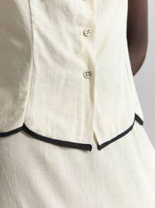 Ontre 2 件套亚麻材质拼色设计无袖黑色饰边抽绳背心和迷你裙套装，女士春夏音乐节、毕业典礼、节日装