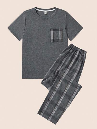 Manfinity Underwear&Sleepwear Basics طقم بيجاما للمراهقين يتكون من قميص كشمير قصير الأكمام ذو جيوب وبنطال