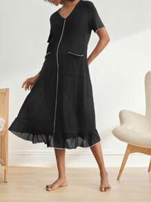 BloomMama 孕妇夏季休闲撞色边宽松短袖连衣裙睡袍 - 白色 - 查看 5