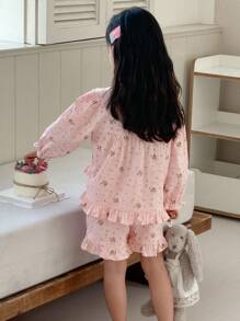 DAZY 2pcs/Set Small Girls Allover Ditsy Floral Long Sleeve Top And Shorts Loungewear Summer Outfit - Pink - View 5