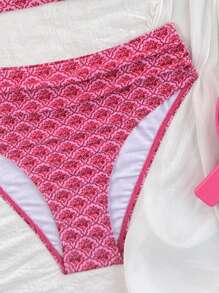 SHEIN 2 件套多色花卉高腰侧比基尼套装，时尚海滩度假女士泳衣 - 玫紅色 - 查看 5