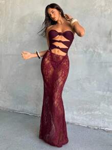 Aloruh Women's New One-Piece Swimsuit, Long Wrap Skirt, Elegant Sexy Romantic Retro Wine Red/Purple Lace Maxi Swimsuit Set, Vacation/Beach Wear, One-Piece Swimsuit - Pink - View 5