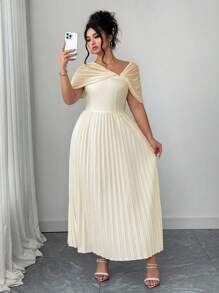 Elenzga Plus-size elegante abrikozen tailleband mesh off-shoulder geplooide jurk