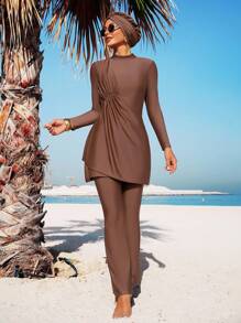Swim Mulvari 女式三件套泳衣：棕色圆领长袖中长款不对称褶皱前开裆喇叭裤连体裤，适合夏季海滩度假