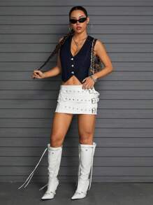 SHEIN Tall 女式水洗牛仔无袖背心 - 深色水洗藍 - 查看 4