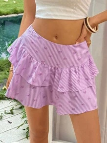 Ria Solene 女款條紋蝴蝶結裝飾復古荷葉邊裙擺半身裙 - 紫色 - 查看 4