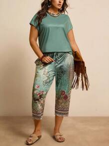 SHEIN LUNE Plus Size Back To School Outfits Women Vintage Batwing Bluzka i spodnie z kwiatowym nadrukiem na powrót do domu Ubrania na jesień Biznesowe, codzienne ubrania w stylu vintage Ubrania dla kobiet o kobiecych kształtach Jesienne ubrania dla kobiet Styl Old Money Women 2-częściowy zestaw - Wielokolorowe - Zobacz 6