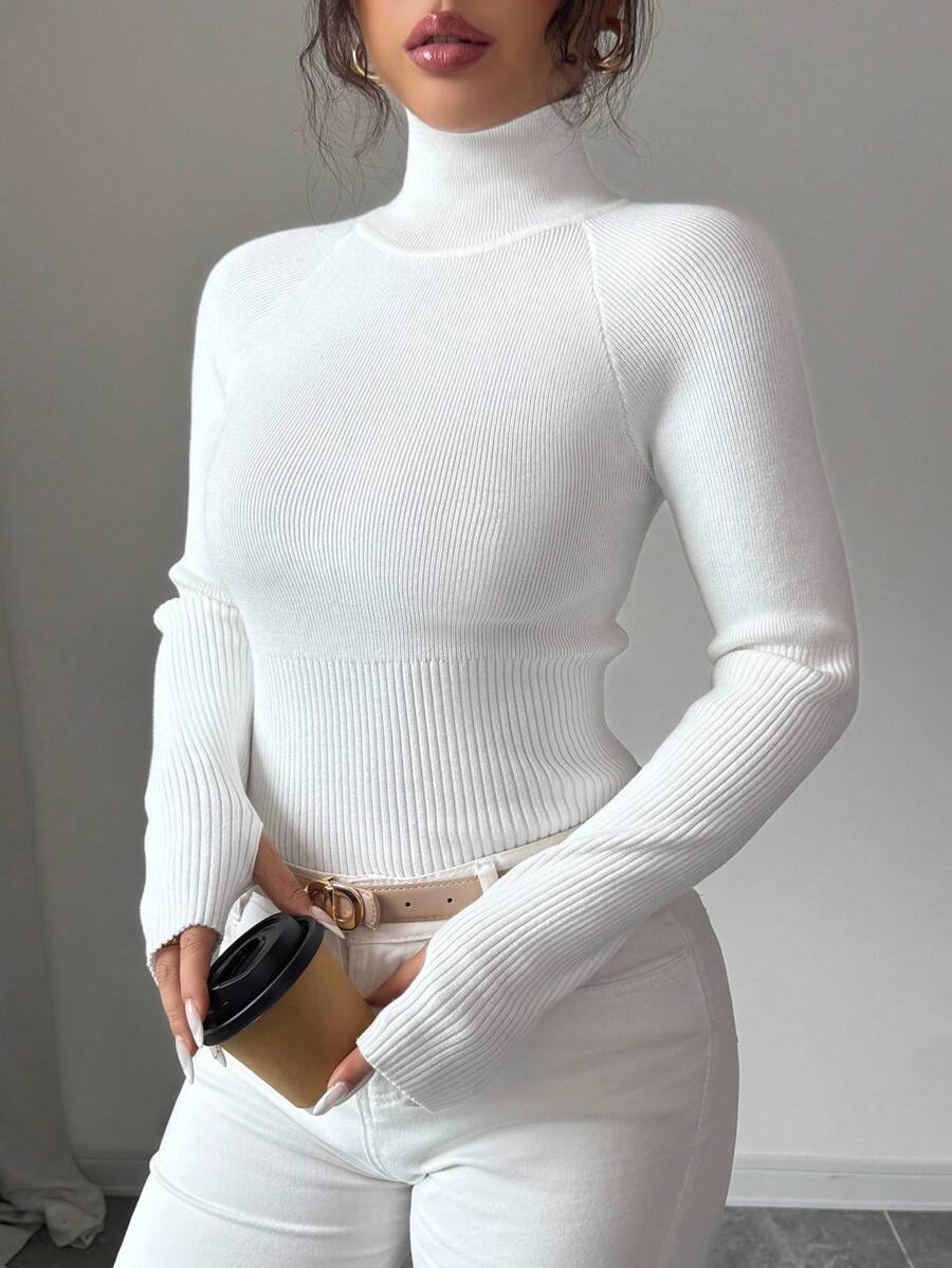 Almamuse Y2K eleganter Outdoor Pullover Strickpullover, geeignet für Pendeln, Urlaub und täglichen Gebrauch, weiß gerippter Rollkragenpullover für Frauen, weißer Rippstrick-Pullover, weißer Rollkragenpullover für Herbst und Winter - Weiss - Übersicht 1