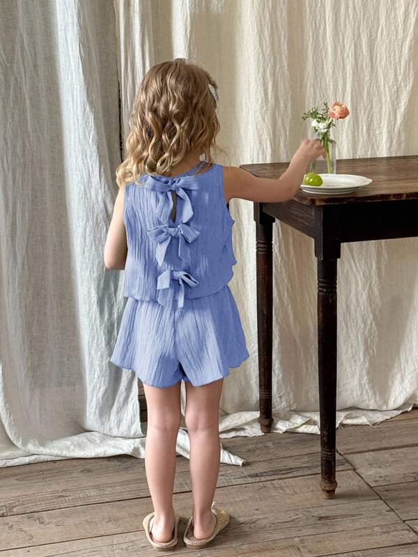 SHEIN LMoss Kids LMoss Young Girl Woven Solid Round Neck Sleeveless Top And Shorts 2 Pieces Set Kids Romper Dusty Blue Kids Outfit Open Back Kids Outfit Girls Blue Romper Little Girls Summer Outfit