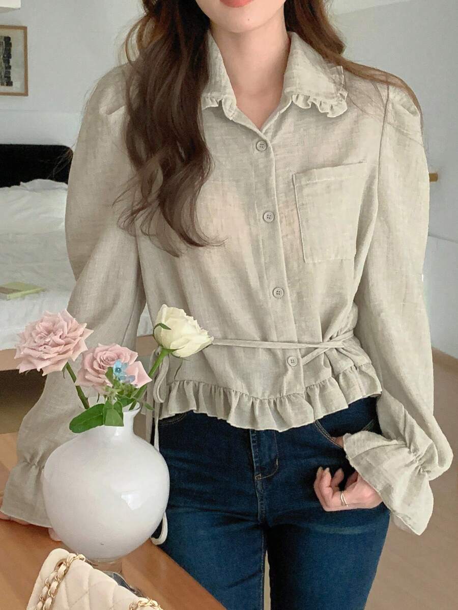 DAZY Women's Ruffled Collar Long Sleeve Tie-Front Fitted Casual Shirt