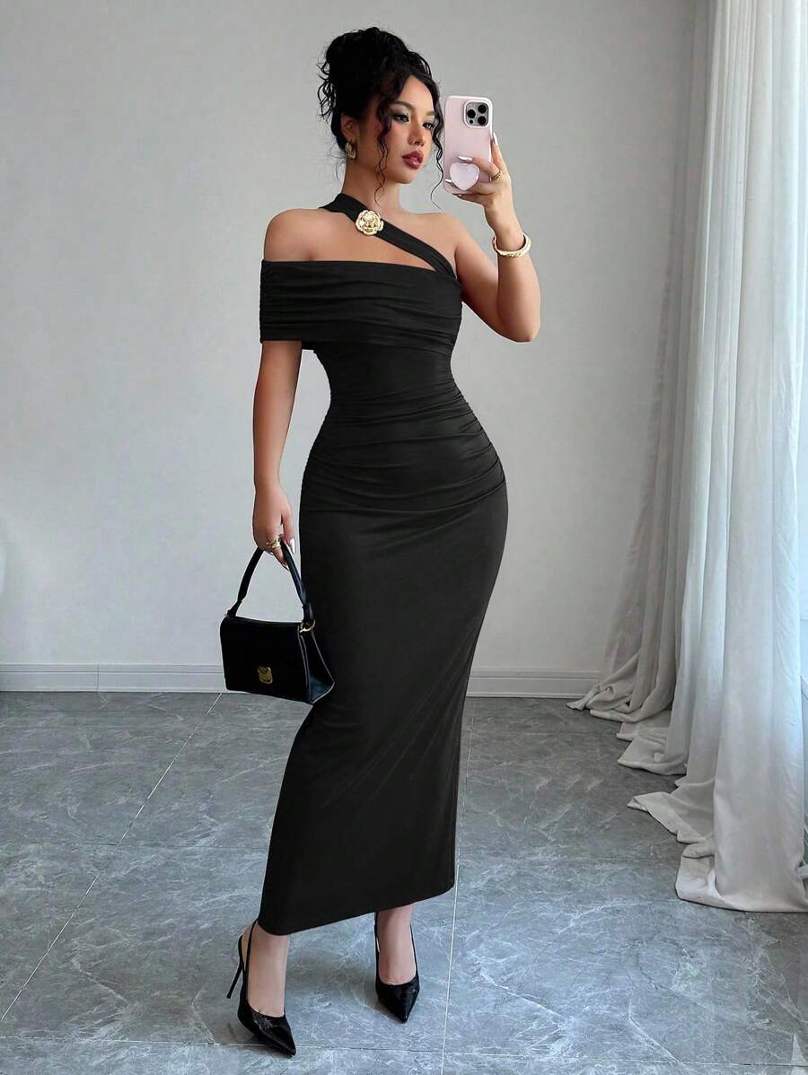 Rafferiza 女式休闲时尚金属花卉紧身连衣裙，春夏