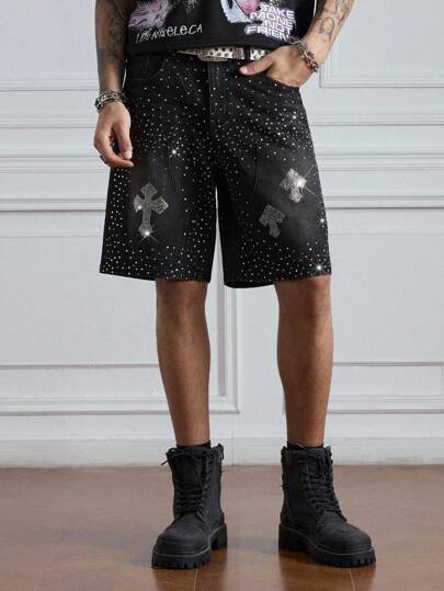 Goth Men's Pockets Rhinestone Cross Design Casual Denim Shorts, Halloween