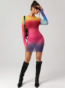 SHEIN ICON Rainbow Shoulder Stripe See-Through Mesh Mini Dress, Pride Month - Multicolor - View 3