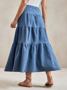 Wildy Cotton Long Denim Skirt Denim Tiered Skirt Women Casual Button Design Ruffle Hem Skirt Boho Skirt Concert Women Boho Women Bohemian For Women Summer Holiday Button Up Skirt