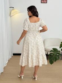Flirla Plus Size Square Neck Puff Sleeve Cinched Waist A-Line Dress - Multicolor - View 2