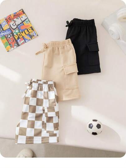 3 件套婴幼儿男女休闲格子纯色松紧腰短裤套装，柔软舒适，夏季