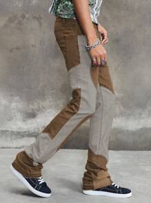 ROMWE MEN Street Life Spring Casual Graphic Men'S Casual Washed Color Block Patchwork Denim Jeans - Khaki - View 6
