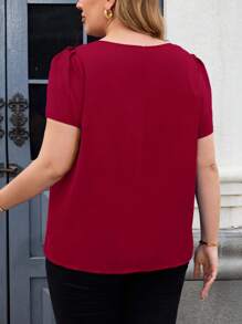 SHEIN Clasi Plus Size Elegant Blue Hollow Out Twist Knot Short Sleeve Loose Blouse - Burgundy - View 2